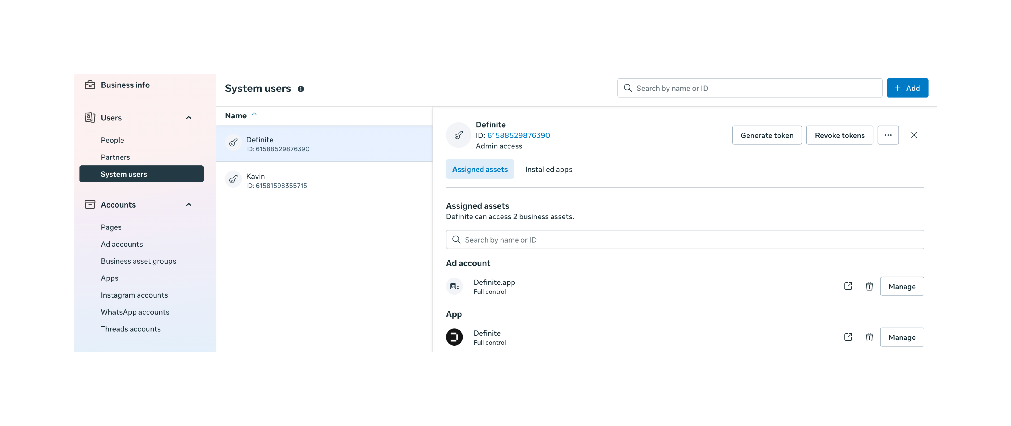 System User with assigned assets in Meta Business Settings