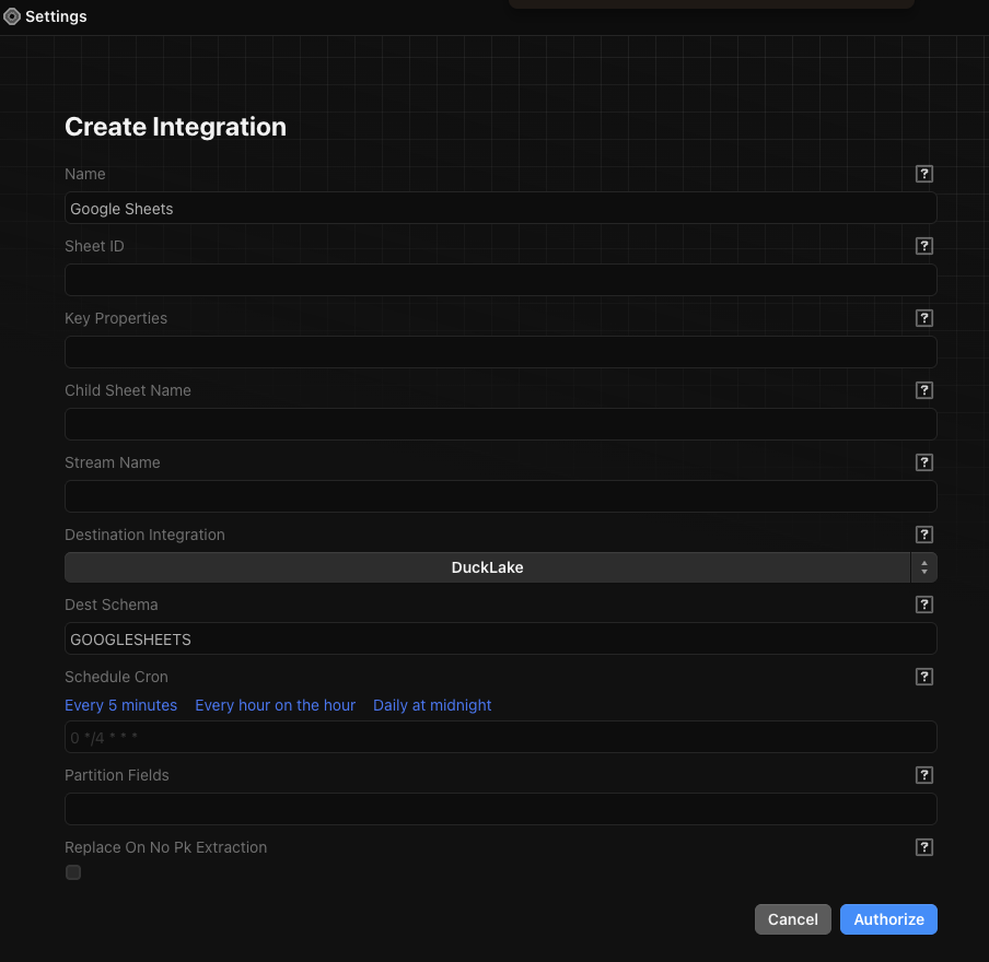 Google Sheets integration configuration