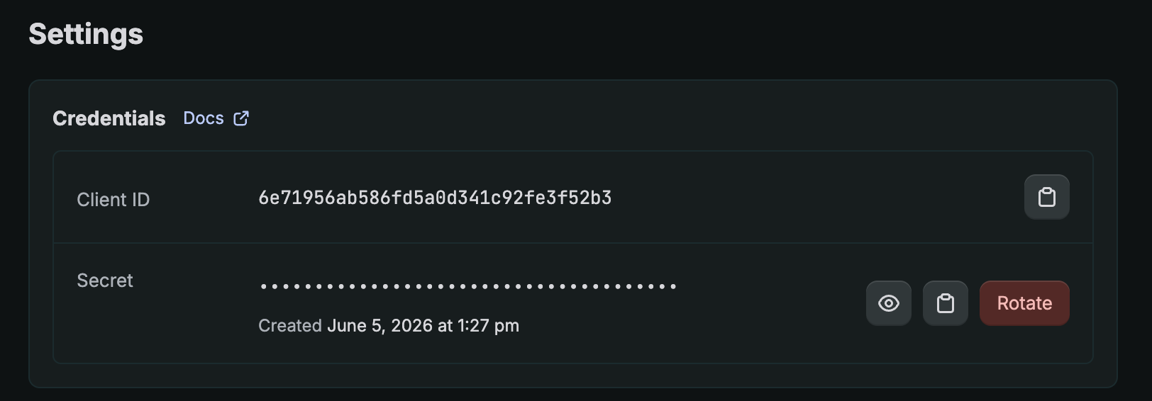 Client ID and Secret on the app Settings page