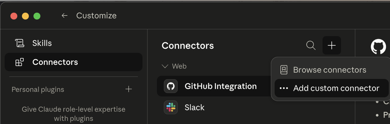Open Add custom connector from the Connectors menu in Claude.ai