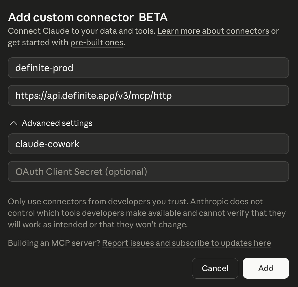 Add Definite as a custom connector in Claude.ai